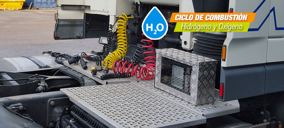 Funcionamiento del Sistema de Hidrógeno Vehicular para vehículos Cgon, conversión de agua en hidrógeno que es alimentado al motor, mezcla de hidrógeno y combustible se quema más fácilmente, se eliminan las partículas contaminantes